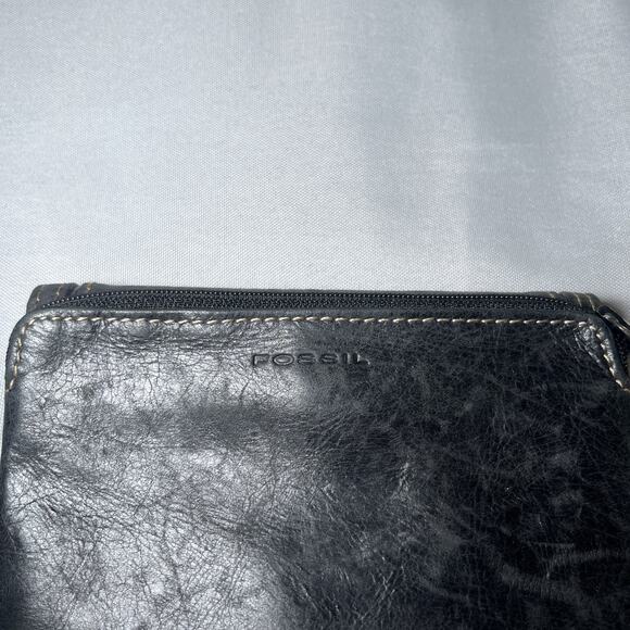 Women’s Fossil Four Fold Wallet Leather Black Snap Closure Zipper Broken In - Picture 5 of 11
